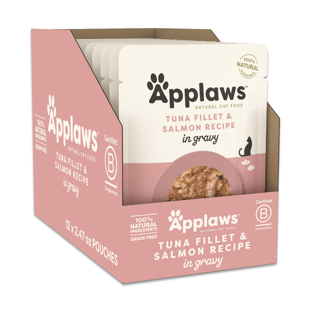 Applaws tuna and salmon in gravy pouch front, high-protein meal for active cats