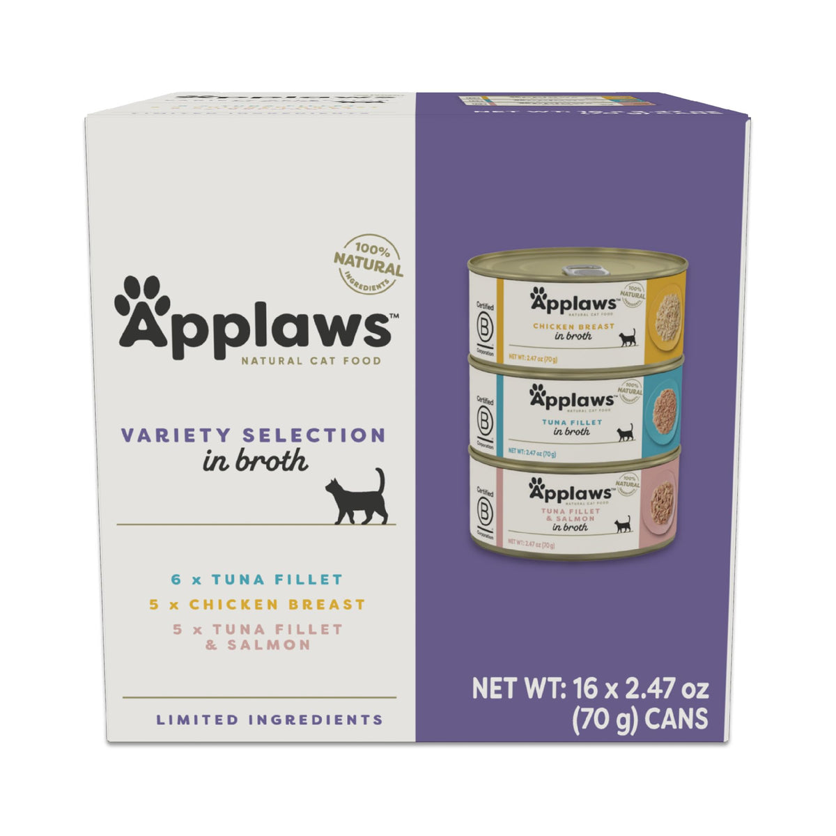 Applaws natural wet cat food variety pack, 16 cans in savory broth for hydration.