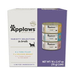 Applaws natural wet cat food variety pack, 16 cans in savory broth for hydration.