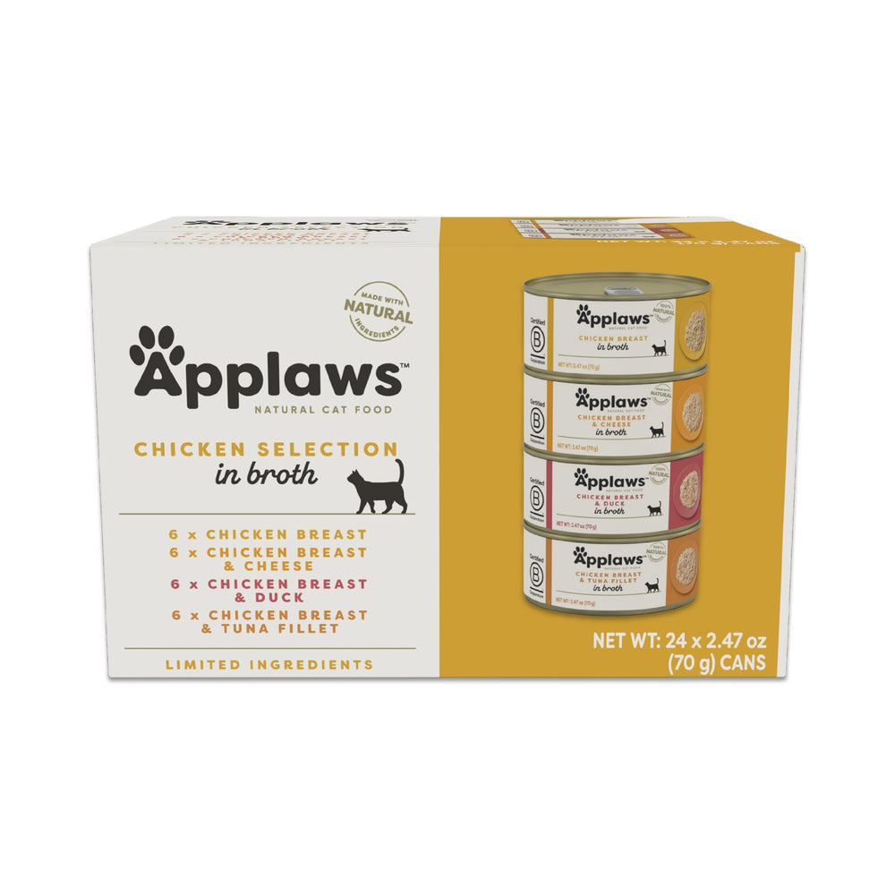 Applaws variety pack cans show natural ingredients and protein-rich meals for cats.