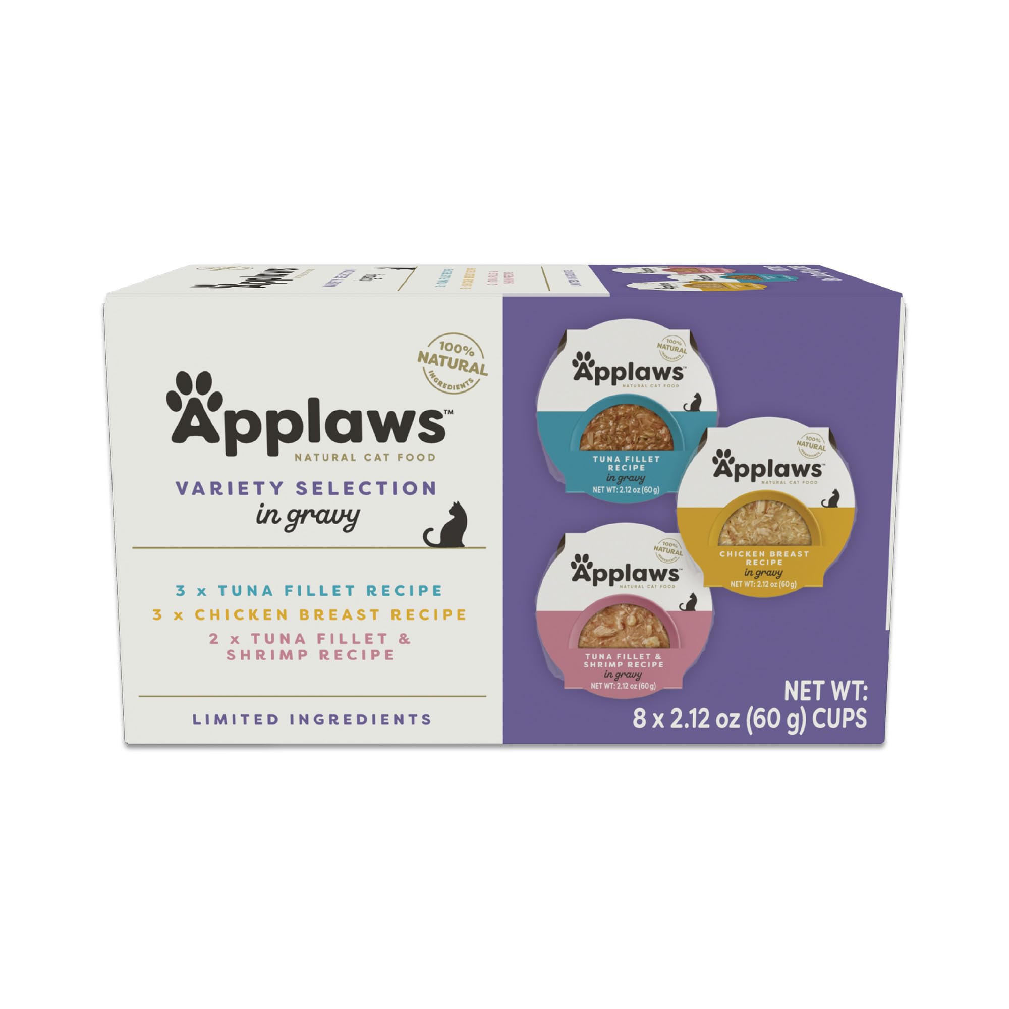 Applaws variety-pack wet cat food in gravy cups, ideal for mealtime variety.