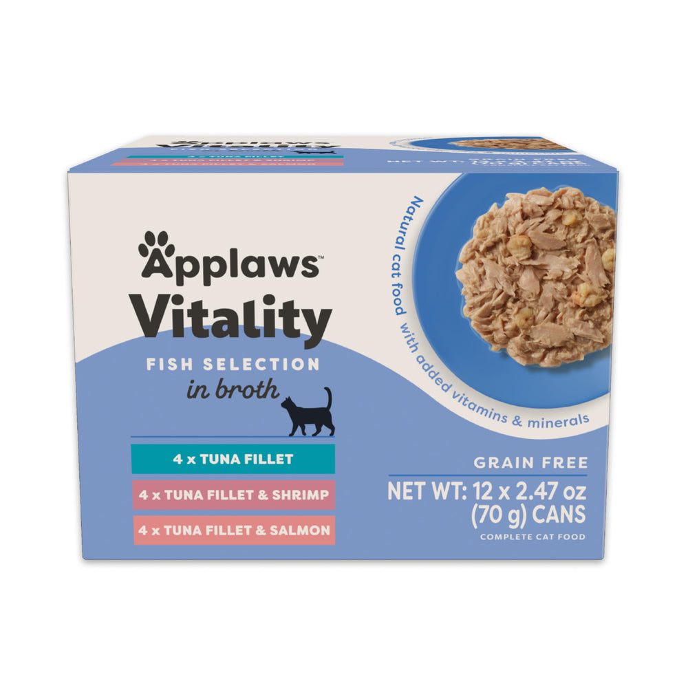 Applaws Vitality wet cat food in broth served in a bowl for hydration and flavor.