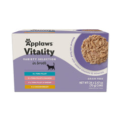 Applaws Vitality wet cat food in broth served in a bowl for hydration and taste