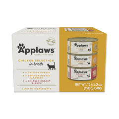 Applaws wet cat food in broth with chicken selection cans shown, highlighting protein-rich formula.