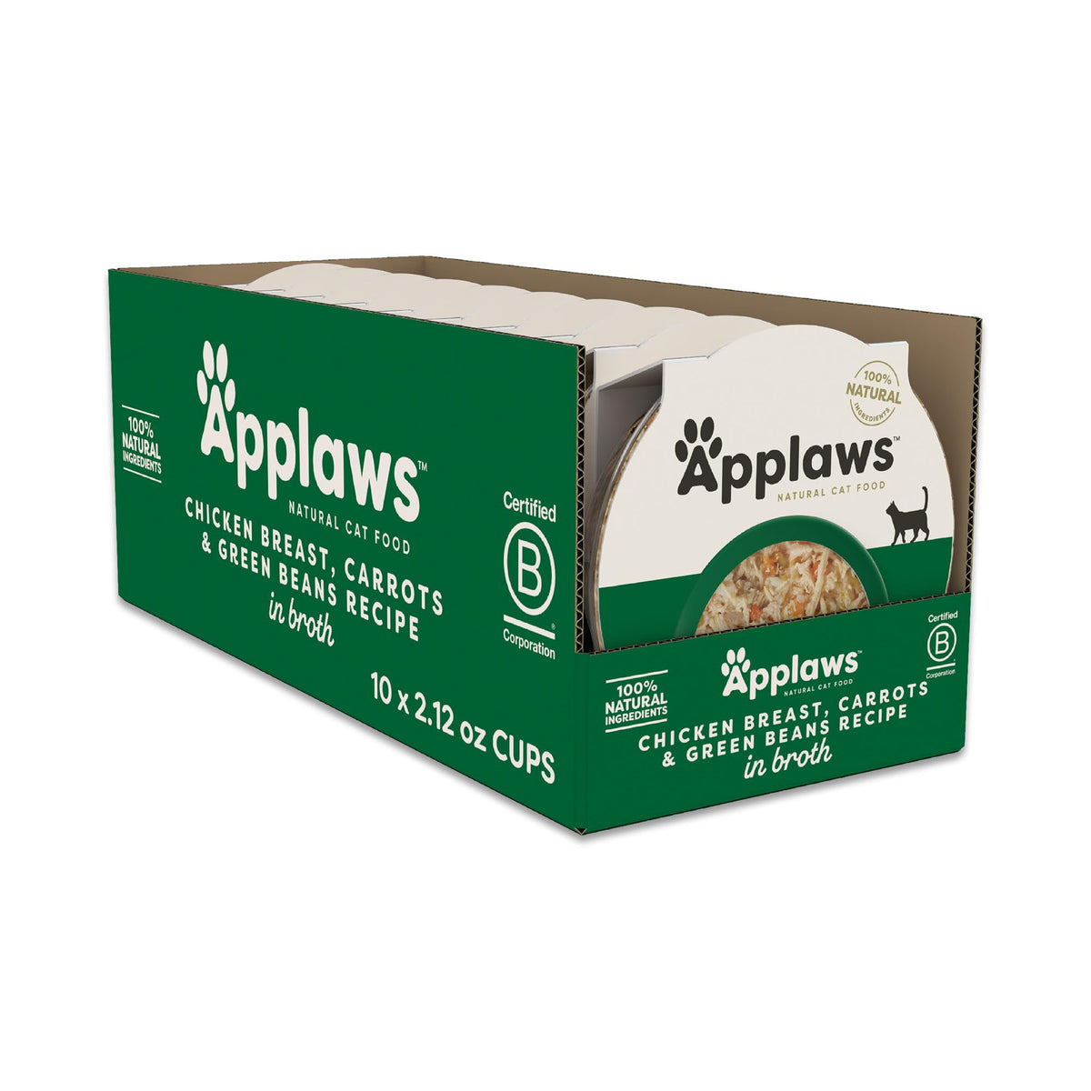 Applaws wet cat food in broth cups featuring chicken for crave-worthy meals.