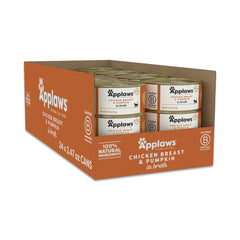 Applaws wet cat food can with chicken and pumpkin in broth, ready for mealtime.