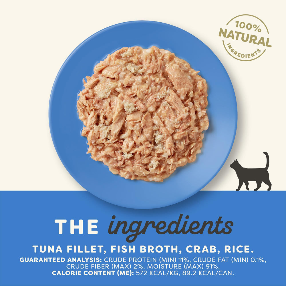 Applaws tuna fillet and crab in broth wet cat food image; natural ingredients with rich gravy.