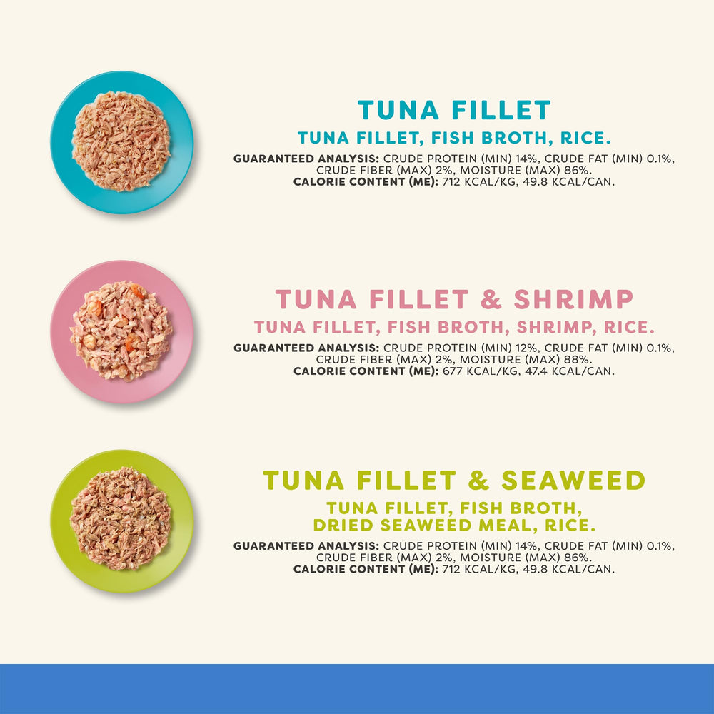 Applaws tuna fillet with shrimp in broth offers mixed seafood flavors.