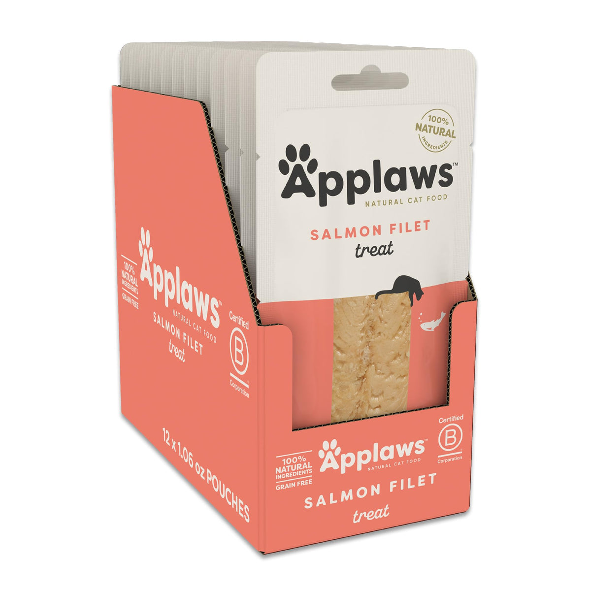 Applaws Whole Salmon Loin sachet shows a single-ingredient cat treat for quick rewards.