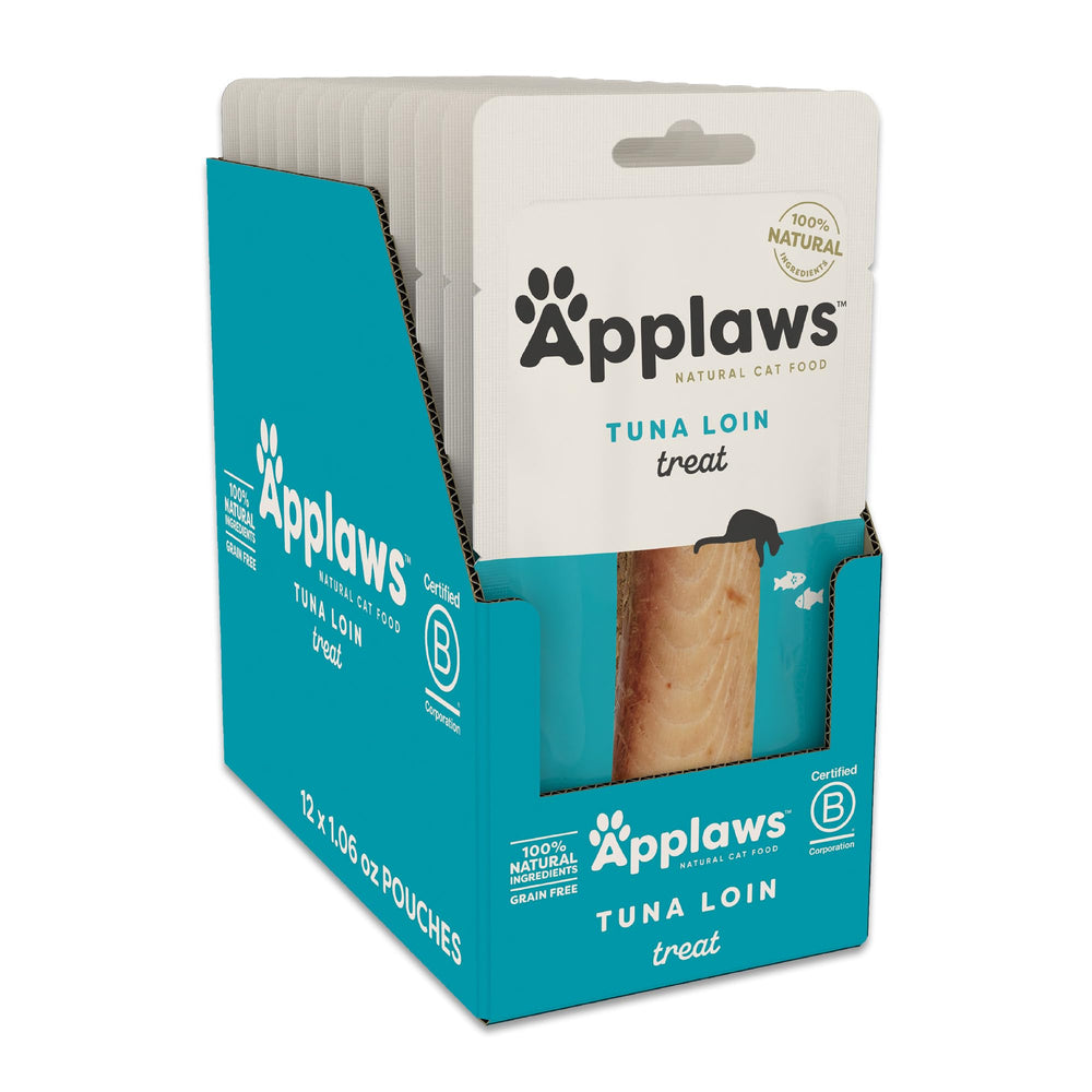 Applaws whole tuna loin treats in packaging show natural single-ingredient protein.