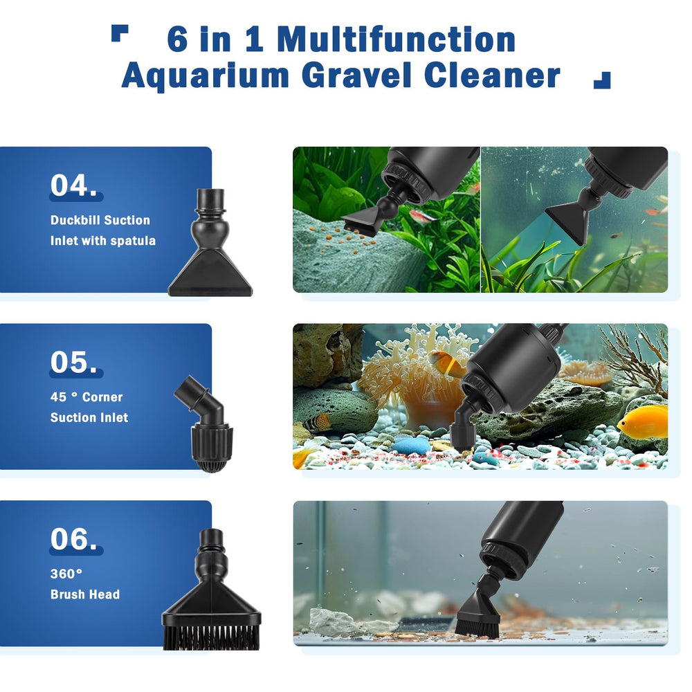 AQQA 360-degree brush head cleans tank walls effectively.