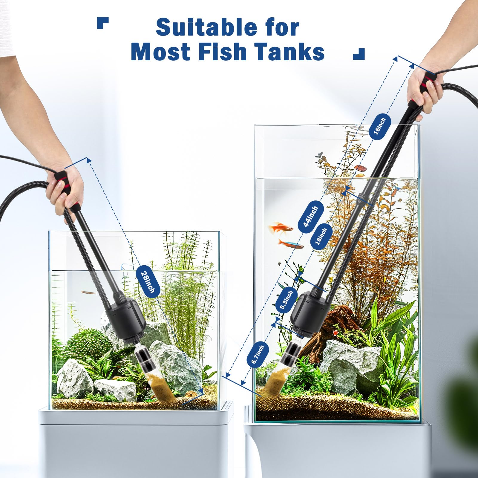 AQQA 360-degree water intake strainer with suction cups assists water changes.