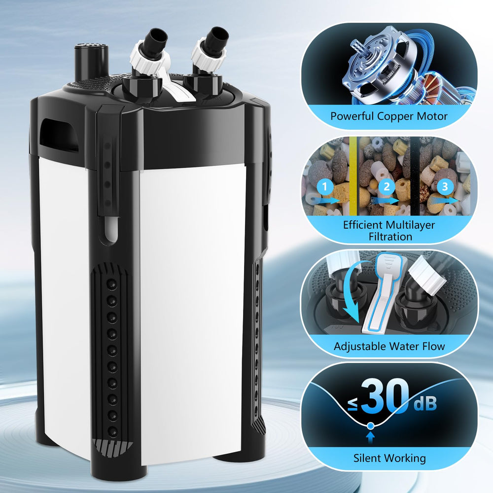 AQQA canister filter flow-control knob close-up enabling adjustable flow.
