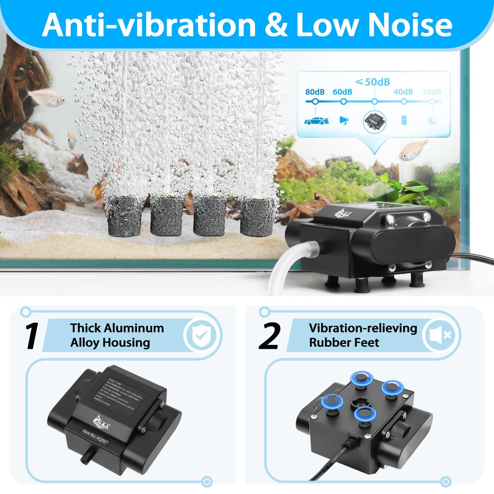 AQQA aquarium air pump showing adjustable inline switch for customizable aeration.