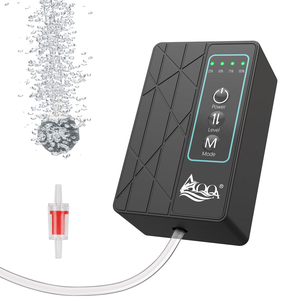 AQQA aquarium air pump with USB battery power and 30GPH airflow for small to medium tanks.