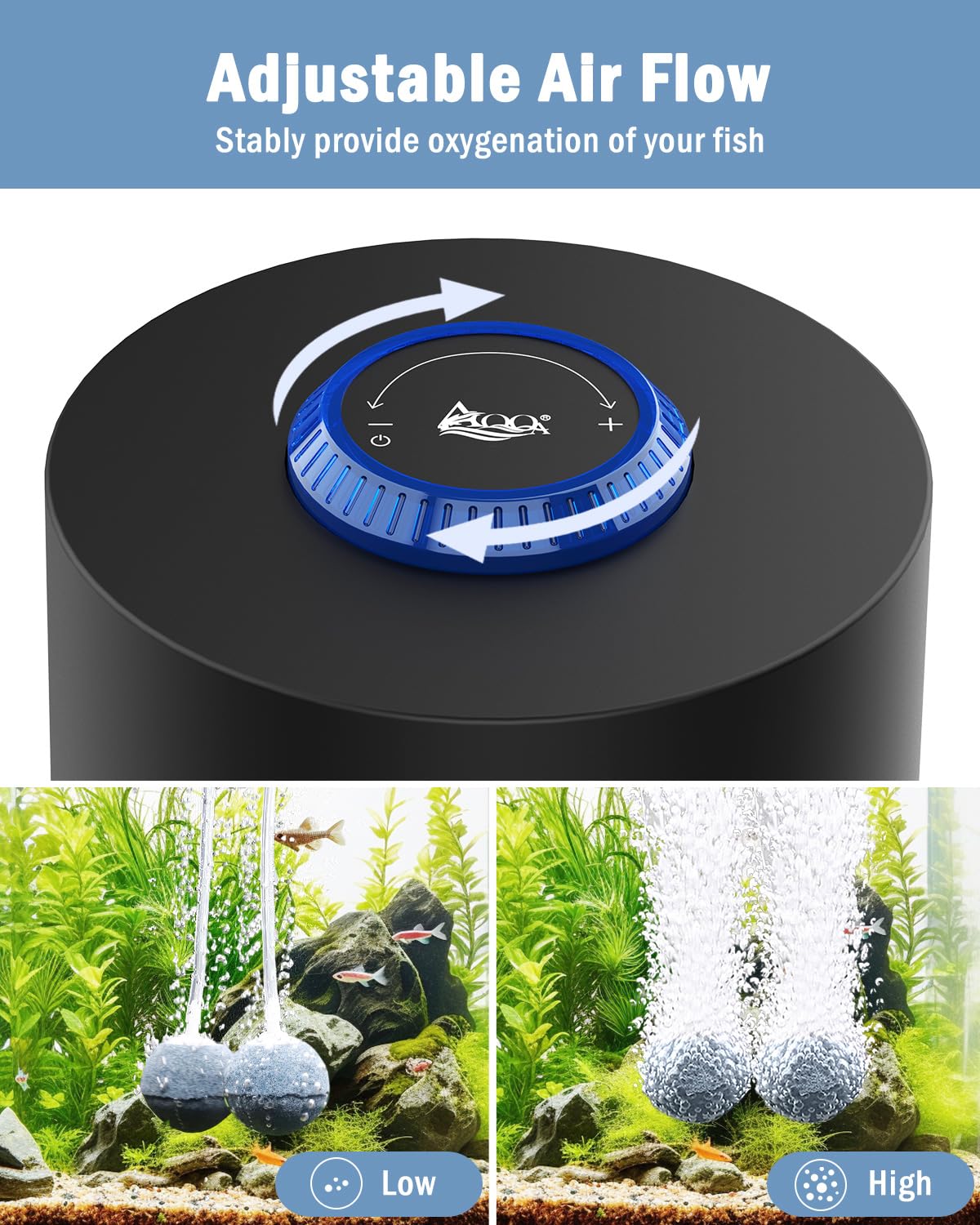 AQQA aquarium air pump with dual outlets for multi-tank aeration