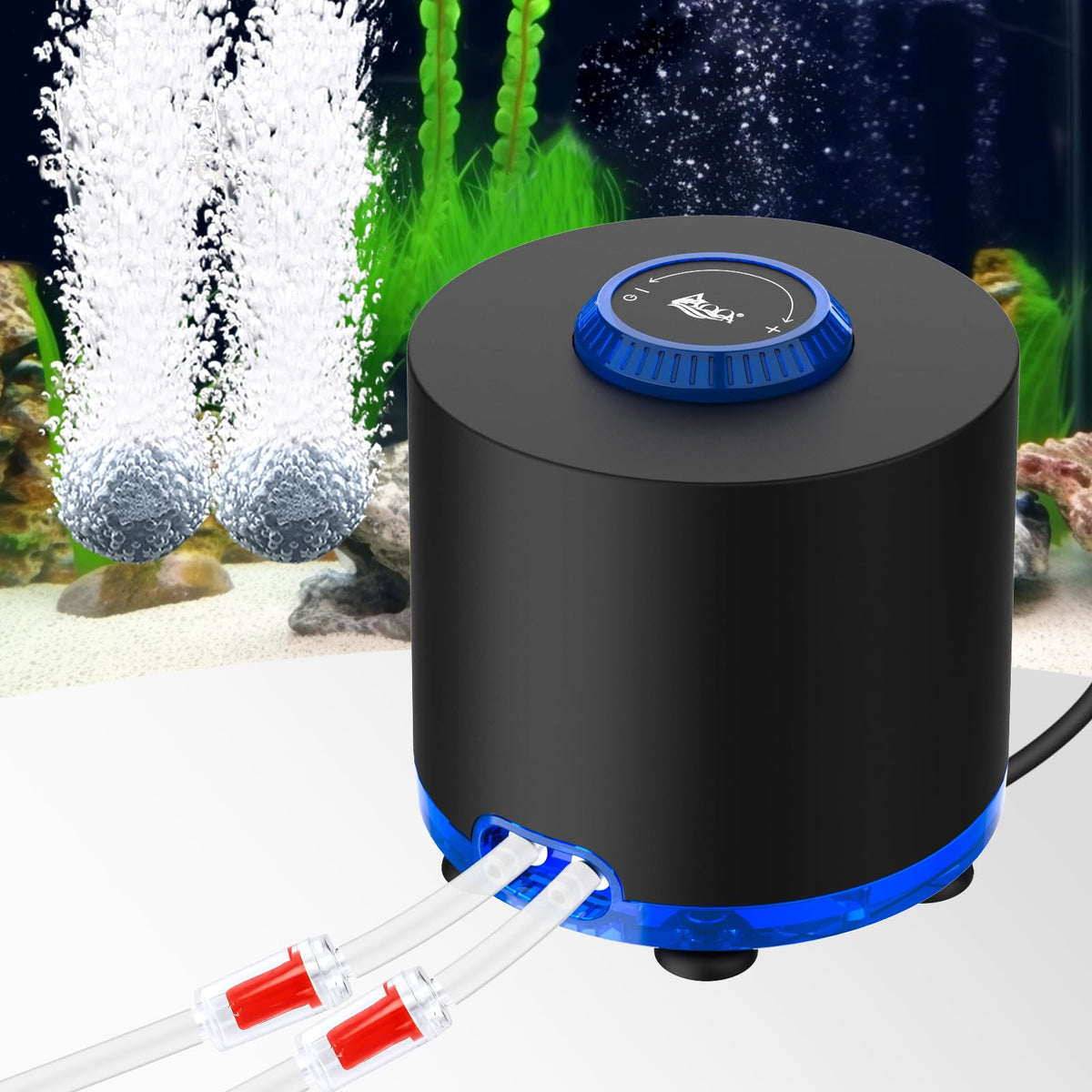 AQQA aquarium air pump front view with compact, quiet design