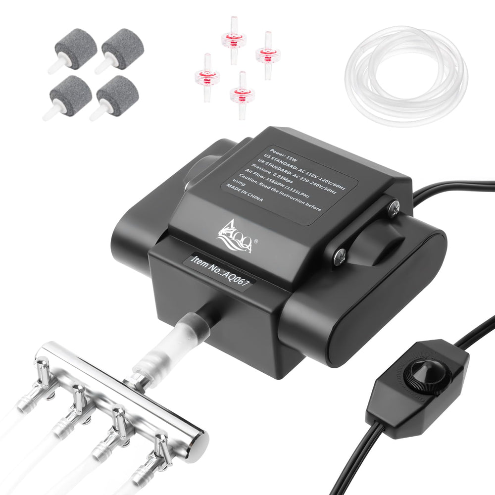 AQQA aquarium air pump front view showing robust airflow for large tanks.