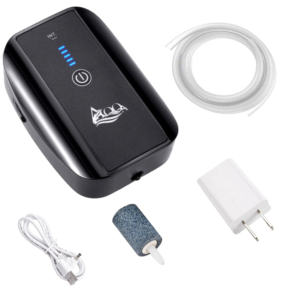 AQQA aquarium air pump compact portable setup powering a small freshwater tank