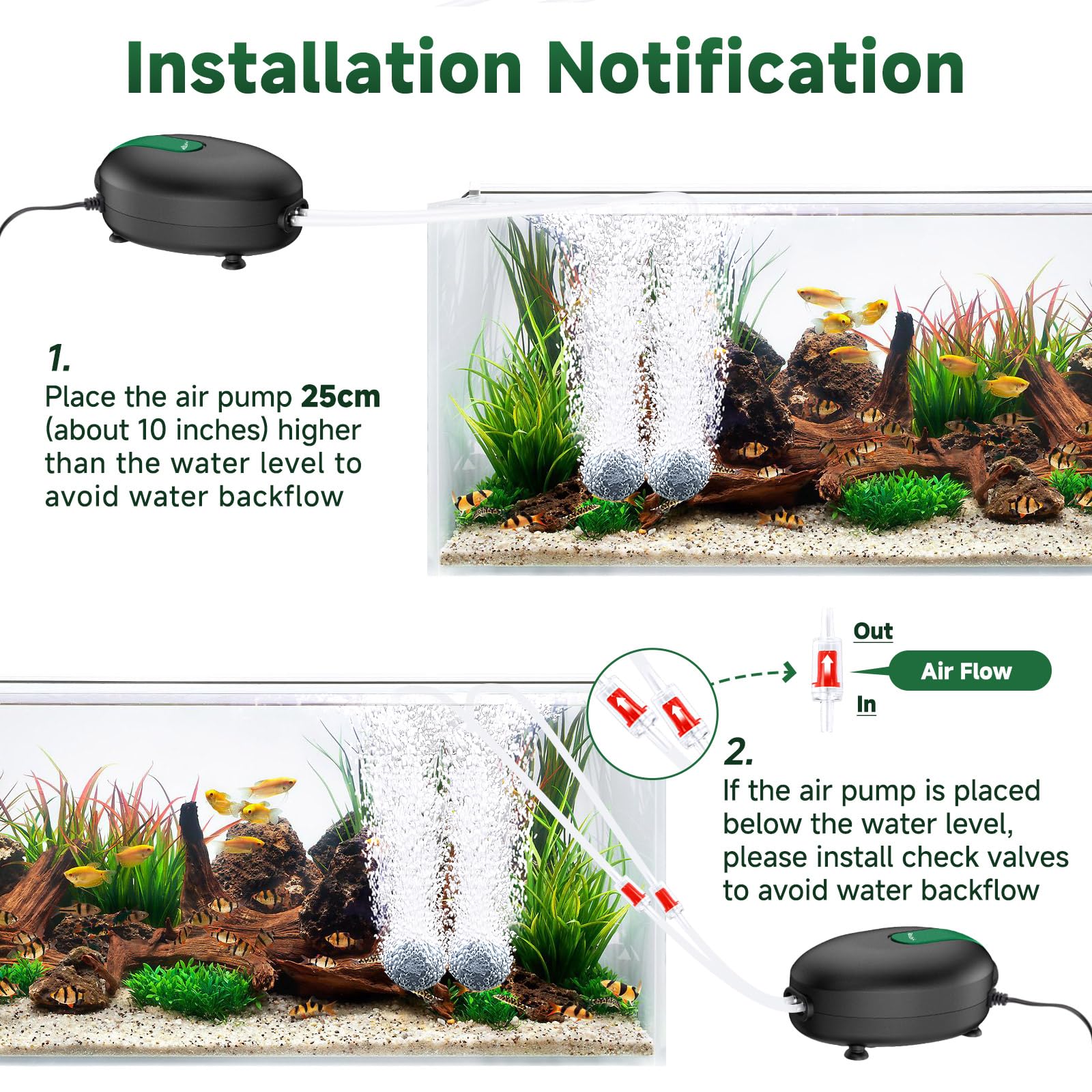 AQQA air pump with two outlets for versatile aeration setups.