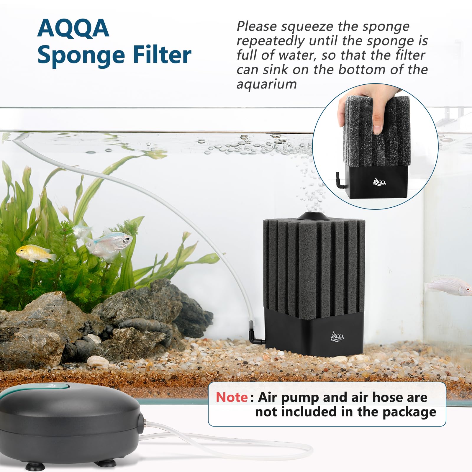 AQQA filter installation setup image demonstrates easy submersion and connection for air-powered filtration.
