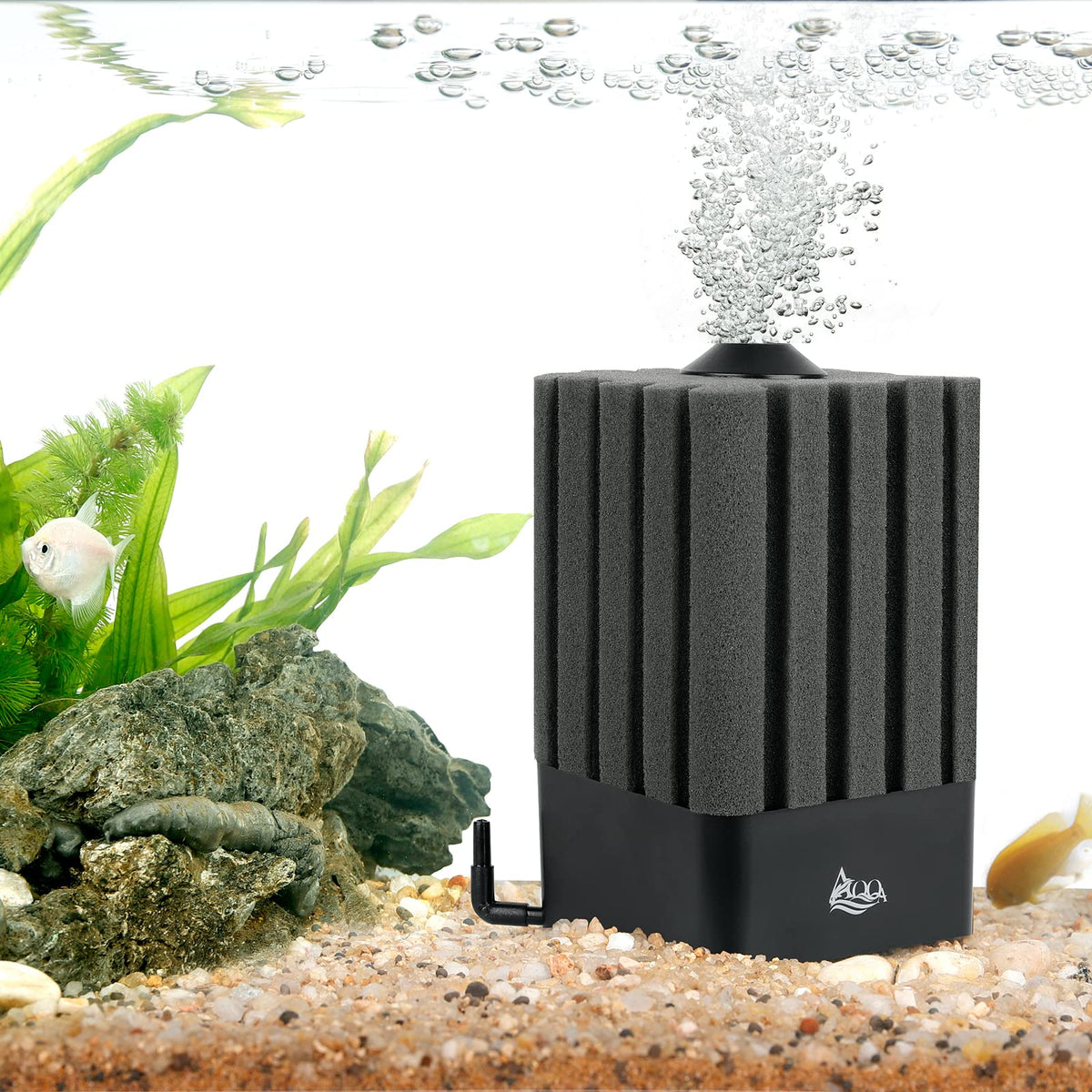 AQQA Aquarium Sponge Filter packaging highlights compact setup for versatile tanks.