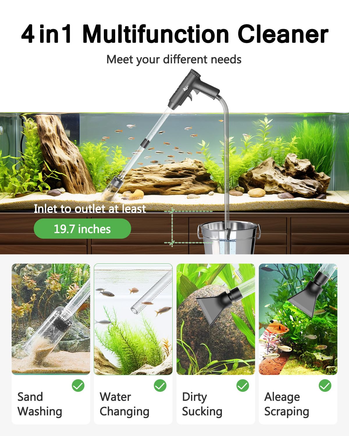 AQQA 4-in-1 gravel cleaner with adjustable flow for tank control.
