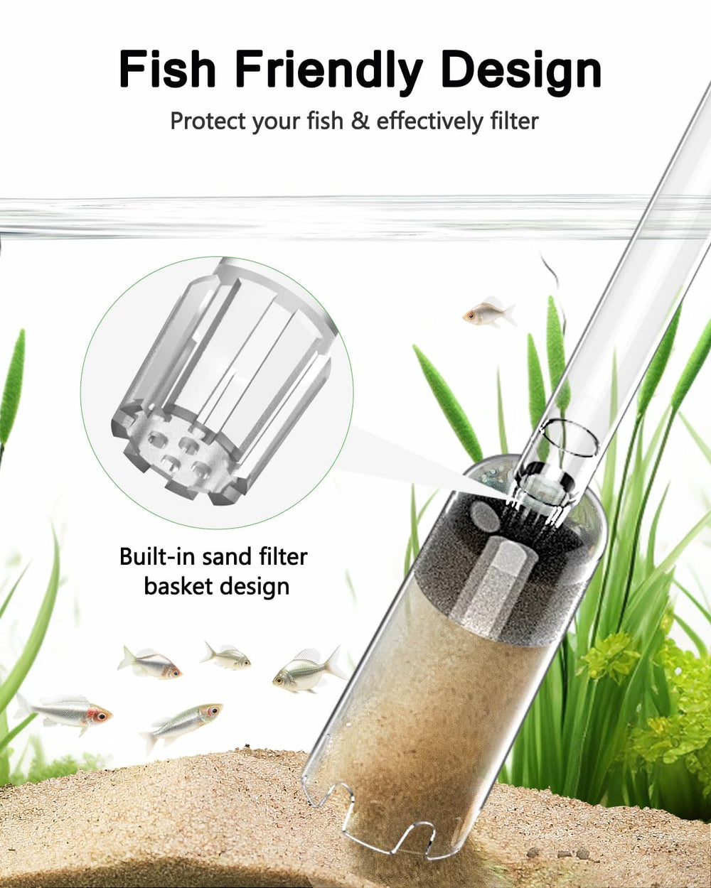 AQQA sand vacuum targets substrate cleaning in crowded tanks