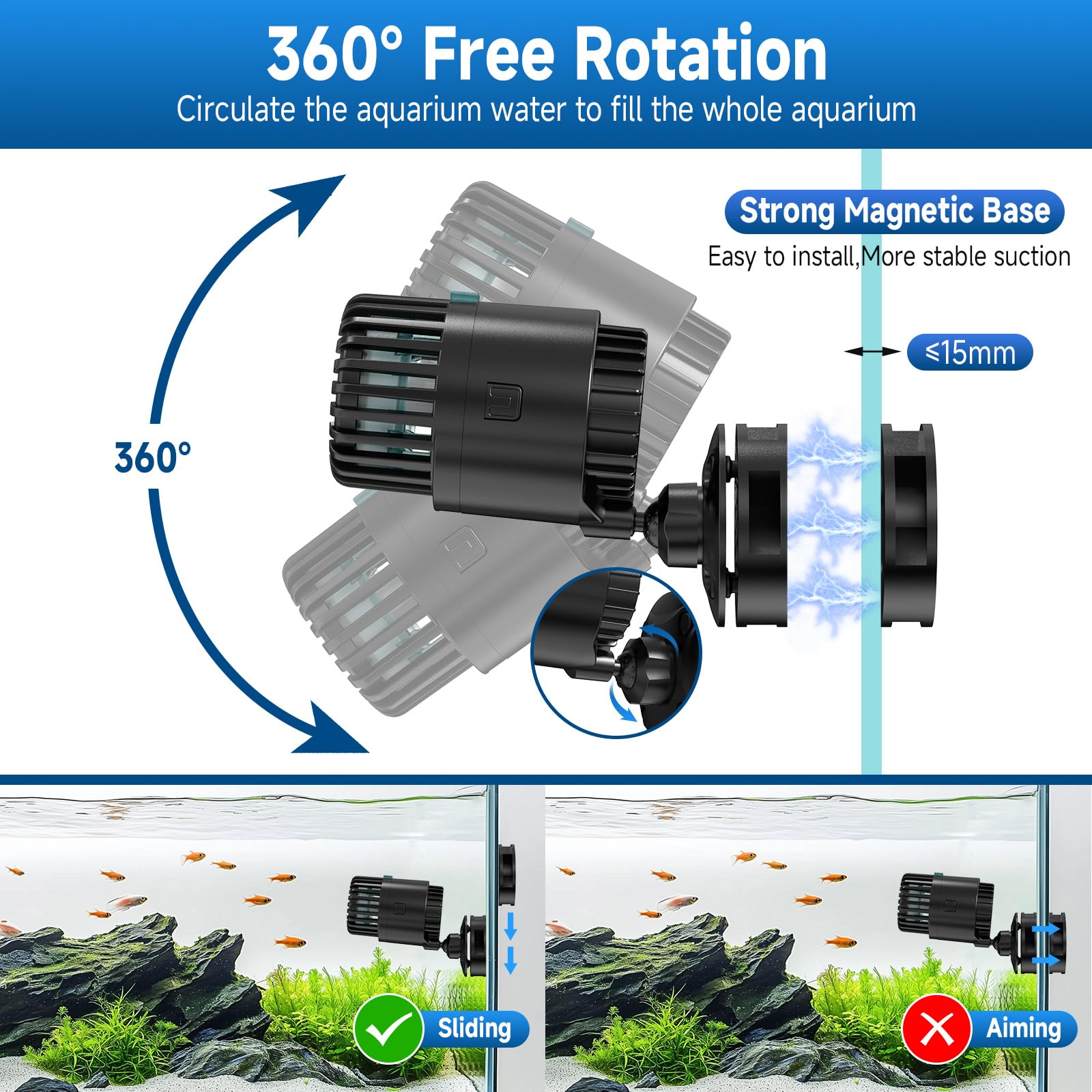 AQQA Wave Maker 360-degree rotation directs flow to eliminate dead spots.