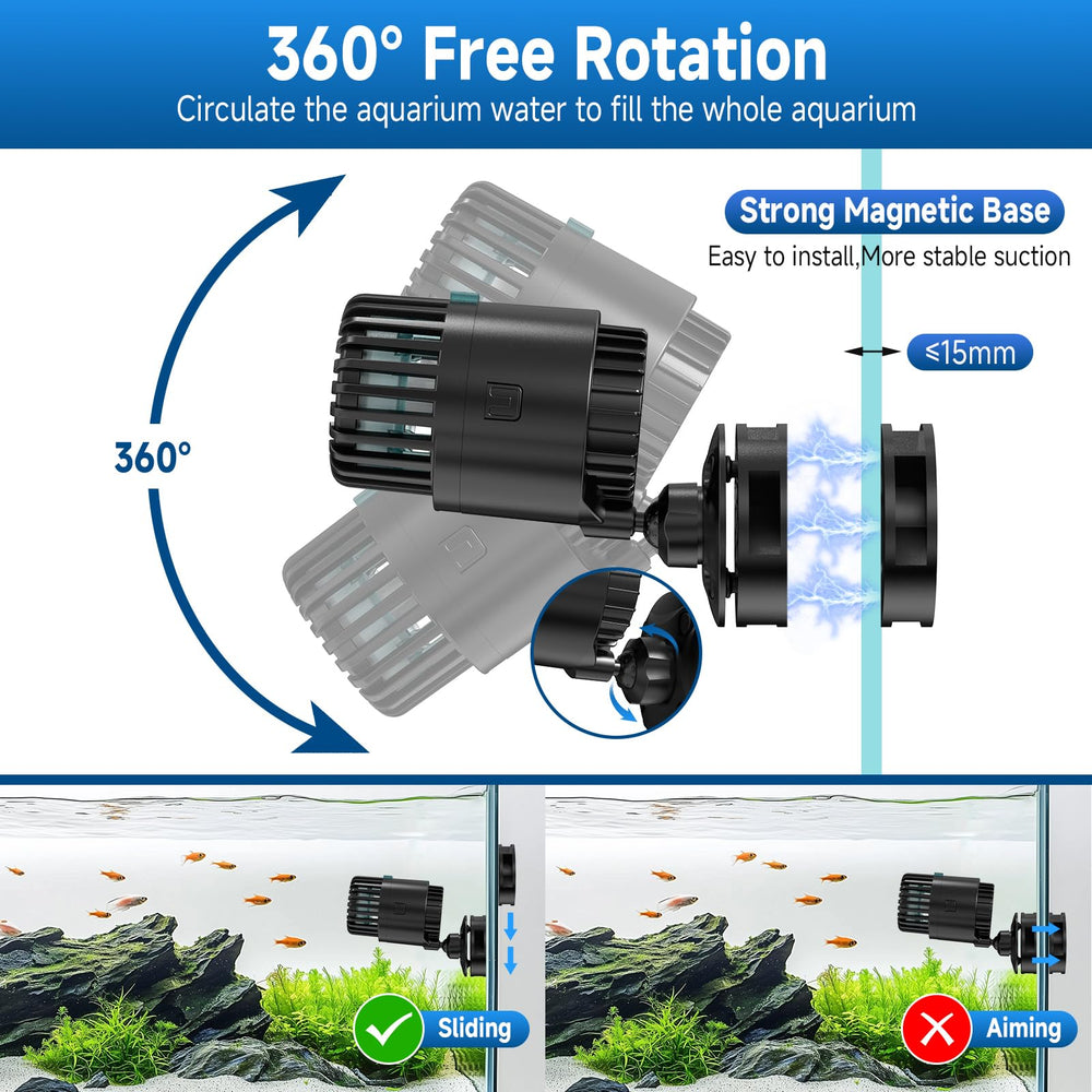 AQQA Wave Maker 360-degree rotation directs flow to eliminate dead spots.