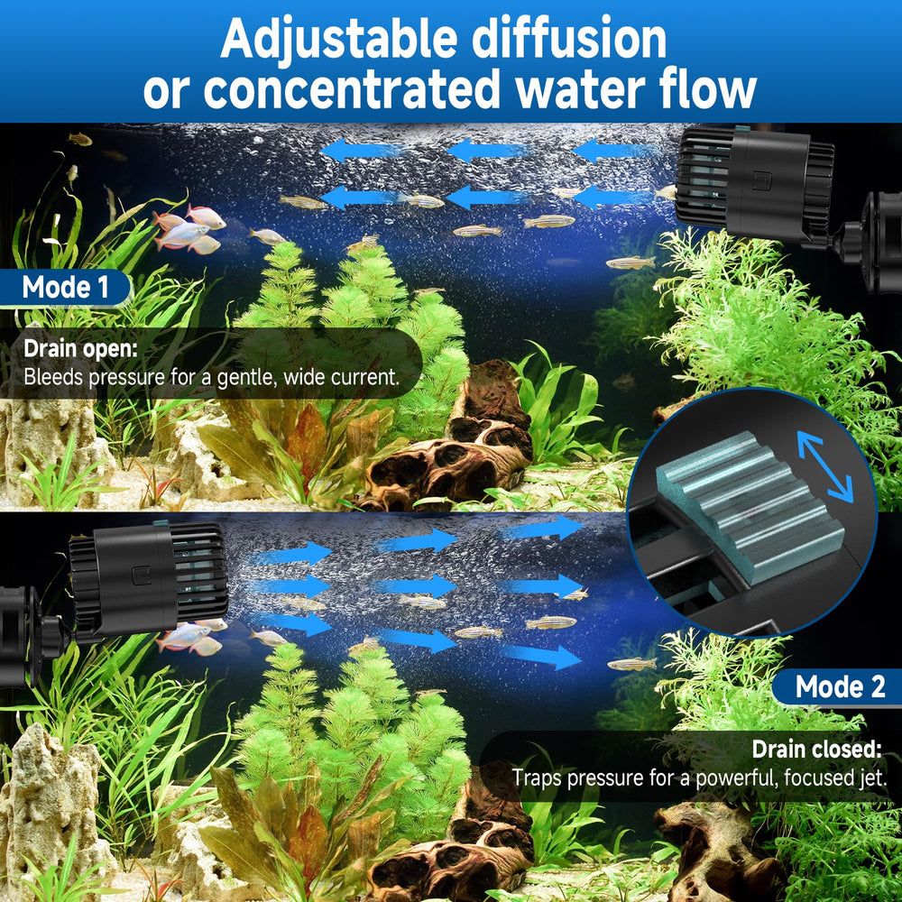 AQQA Wave Maker dual-flow modes tailor currents for gentle circulation or stronger movement.