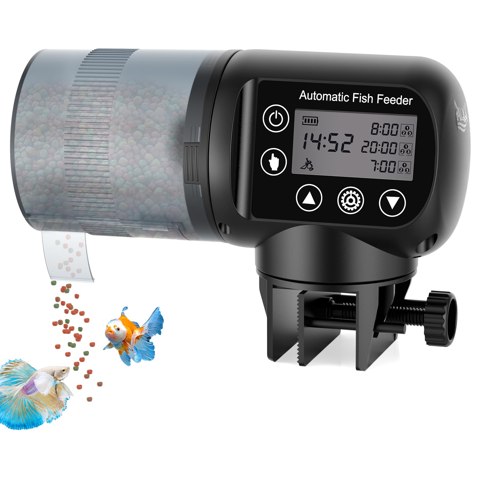 AQQA Automatic Fish Feeder front view showing compact design for any aquarium