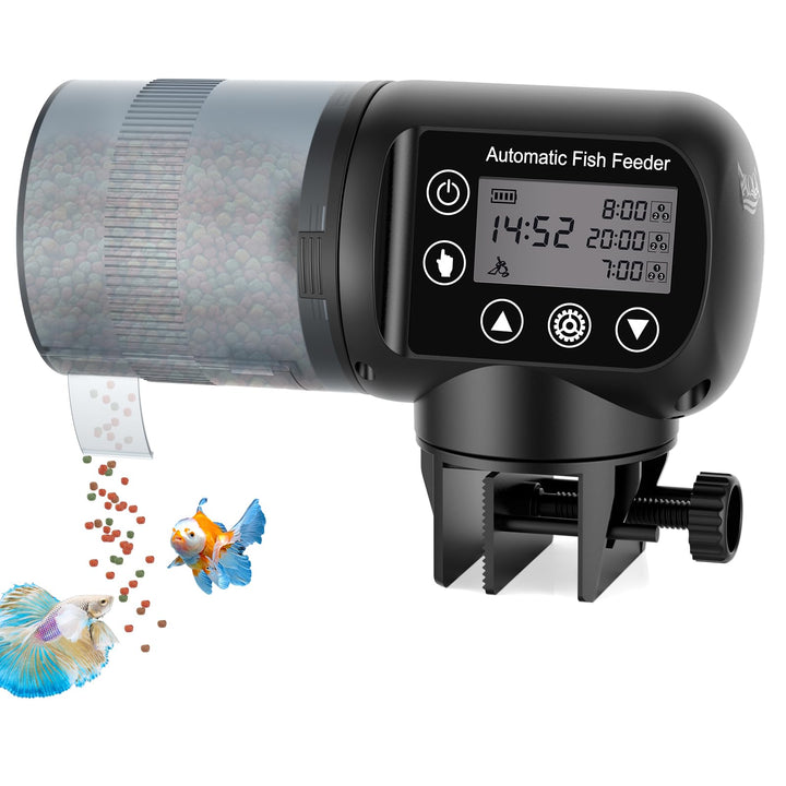 AQQA Automatic Fish Feeder front view showing compact design for any aquarium
