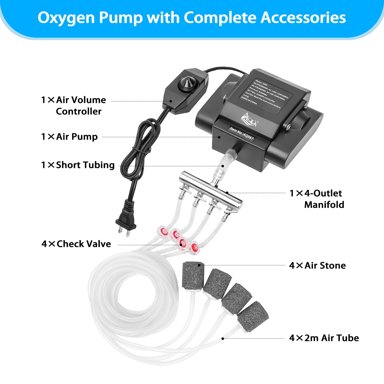 AQQA bundled accessories enable immediate setup with four outlets and air stones.
