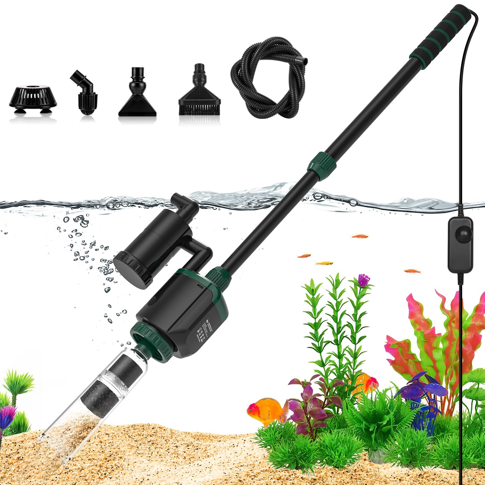 AQQA fish tank cleaner 6-in-1 in use for water changes and debris removal.