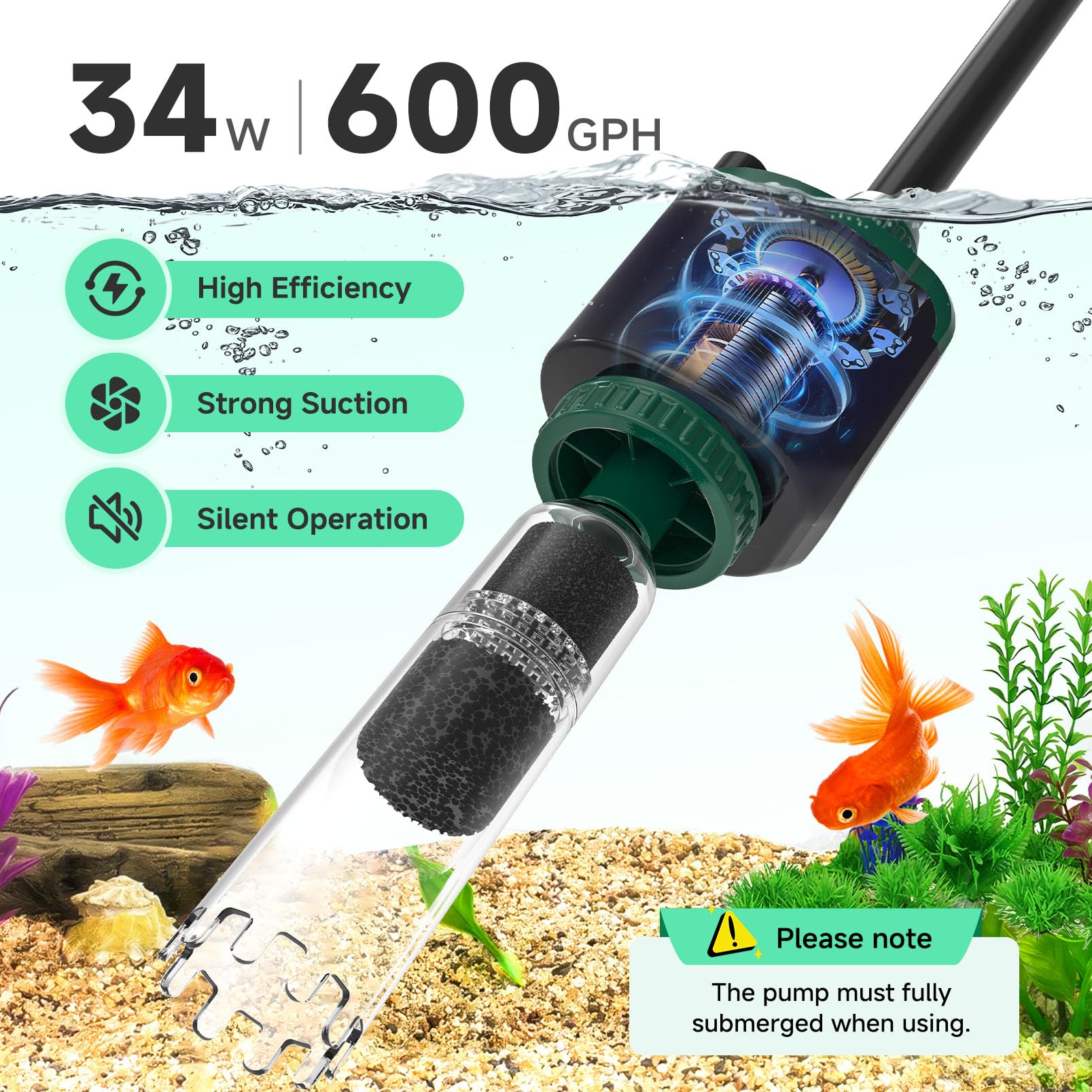 AQQA fish tank cleaner demonstrates strong suction for gravel debris.
