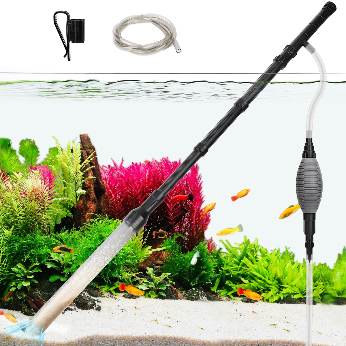 AQQA Gravel Vacuum with ergonomic handle for comfortable, controlled water changes.