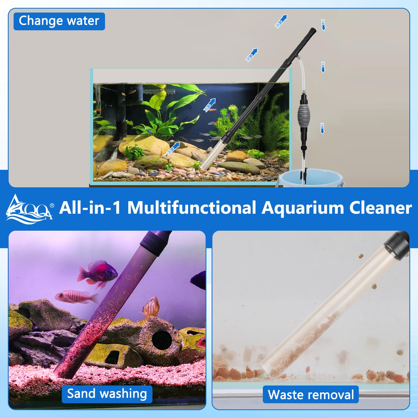 AQQA siphon with flow control for adjustable, precise water changes.