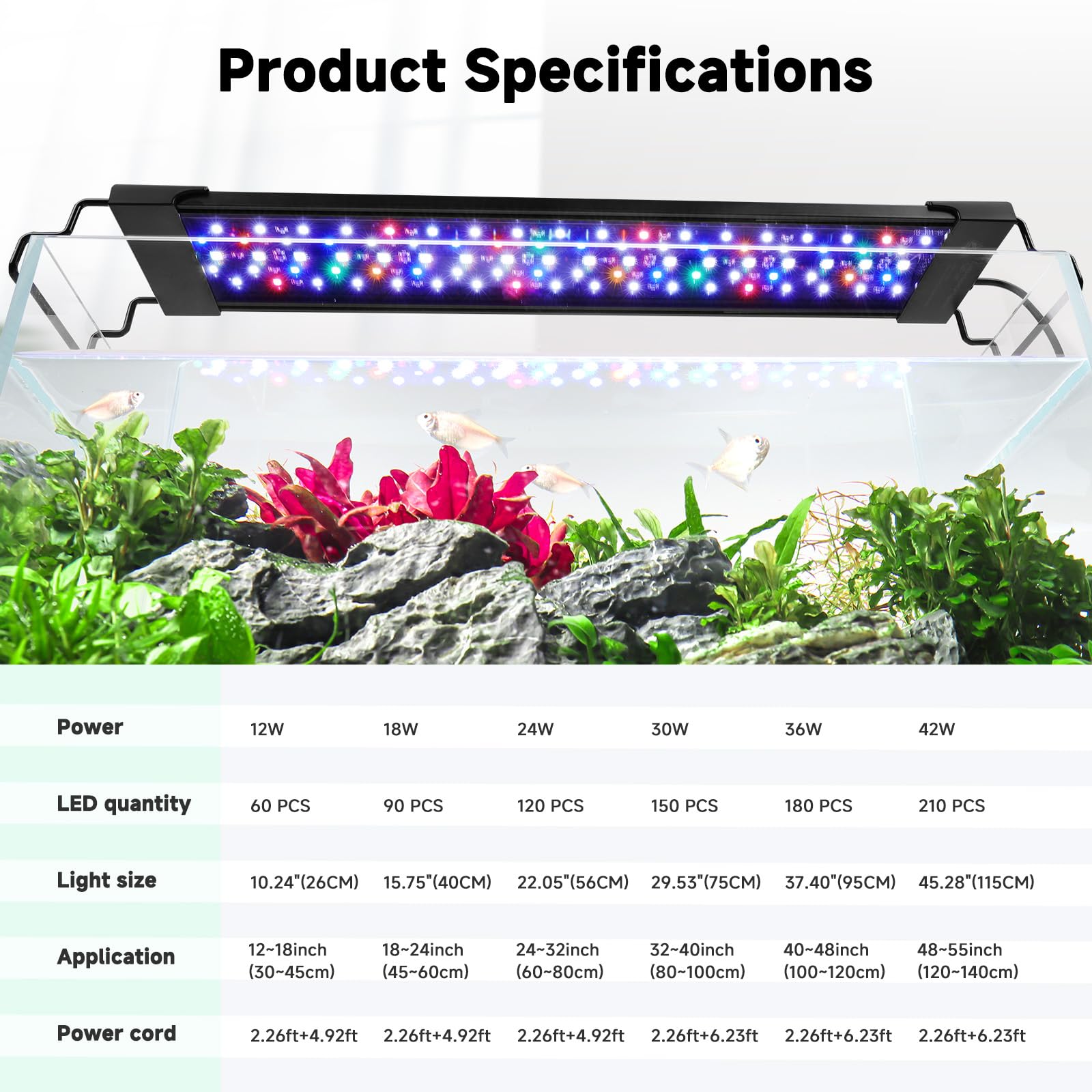 AQQA LED aquarium light color cycle offers ambient color options.