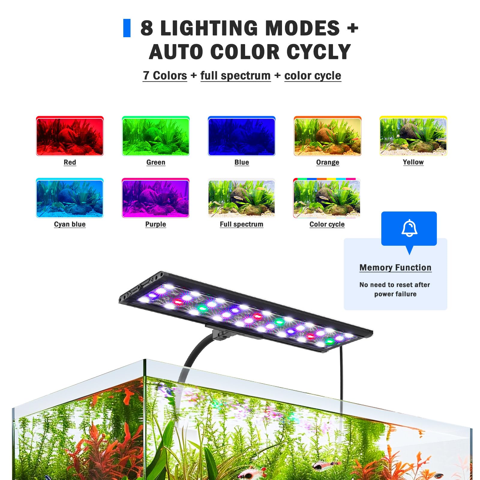 AQQA LED aquarium light 24/7 default mode simulates natural day cycles.