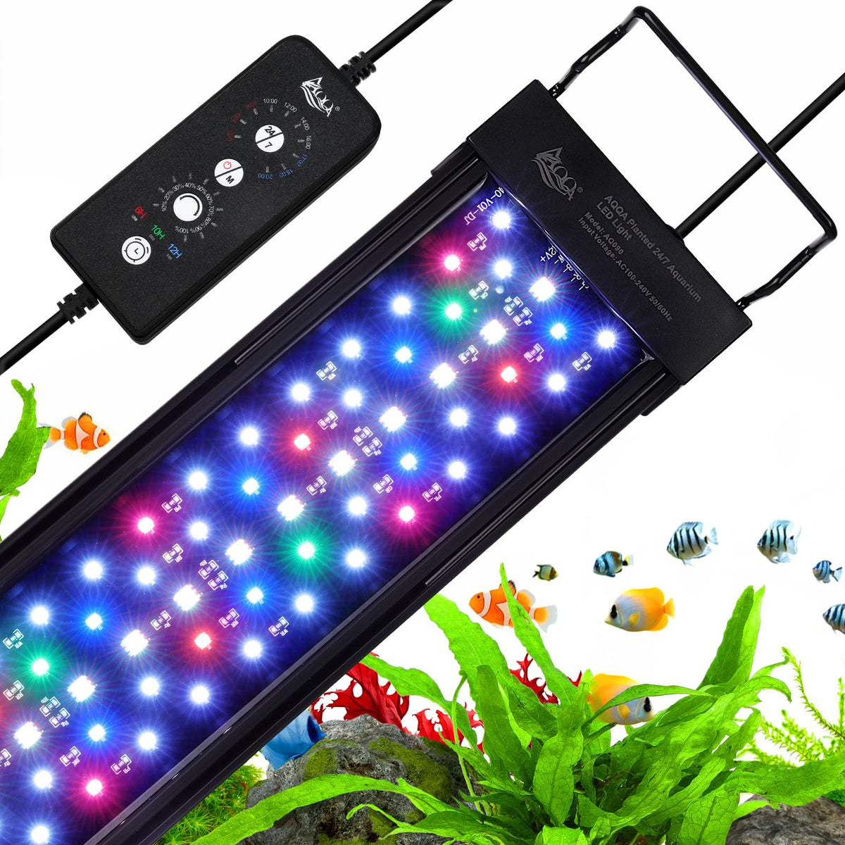 AQQA LED aquarium light front view enhances tank ambiance with balanced illumination.