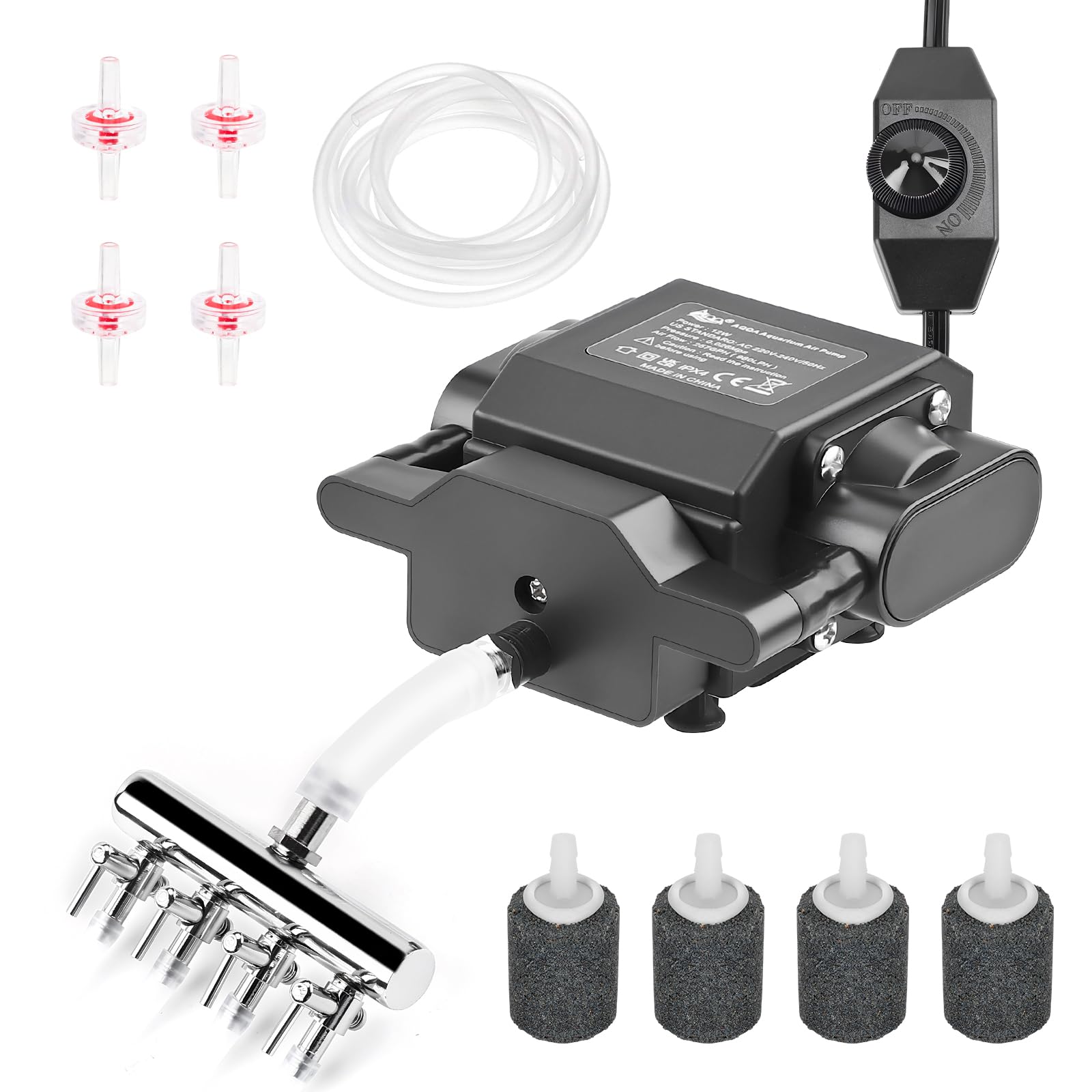 AQQA powerful aquarium air pump with four outlets for strong aeration.