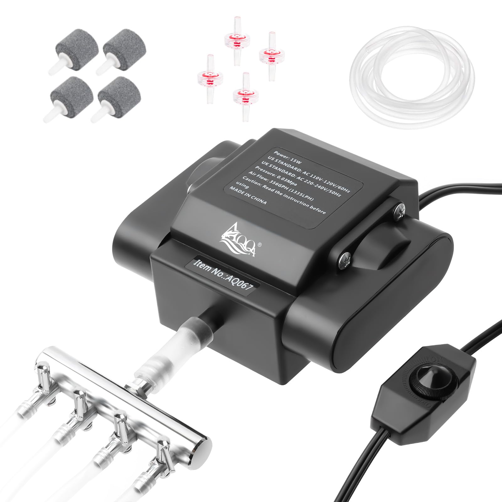 AQQA powerful aquarium air pump with four outlets delivers robust aeration for large tanks.
