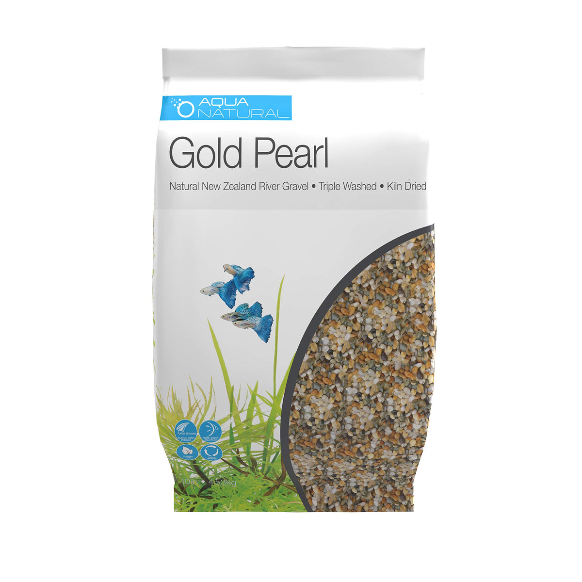 Aqua Natural Gold Pearl gravel river bed look enhances aquascape texture and light reflections.