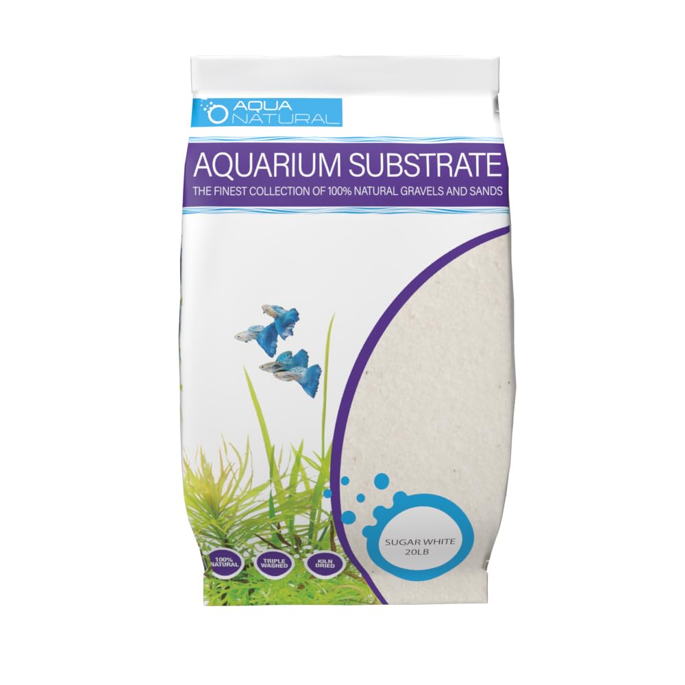 A Aqua Natural Sugar White Sand substrate for aquariums, providing a clean, bright foundation that stays put.