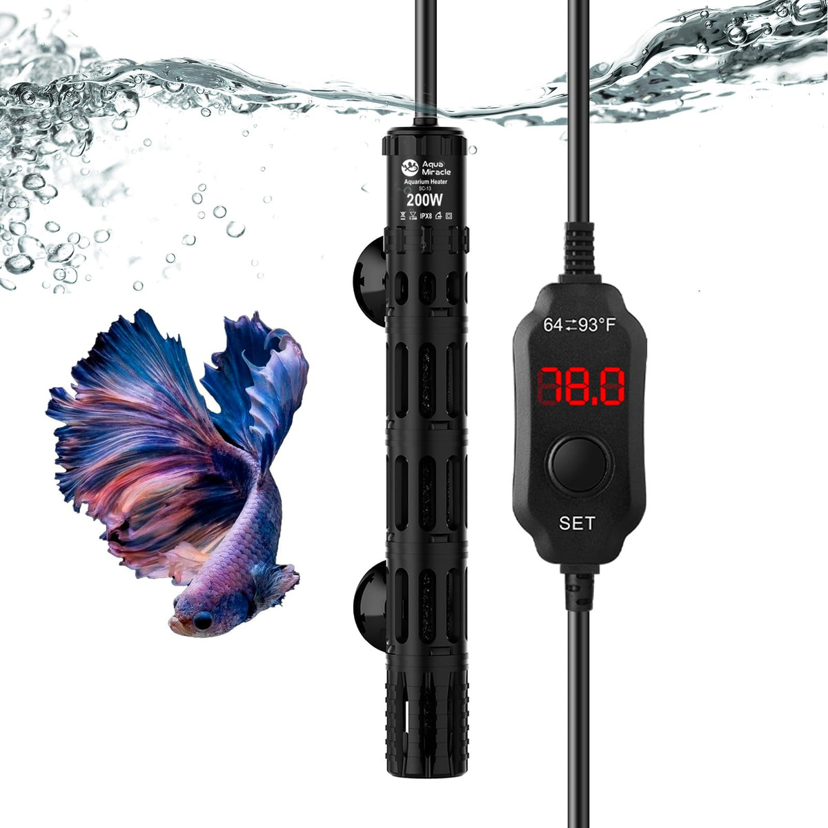 AquaMiracle 200W heater with LED display shows precise tank temperature.