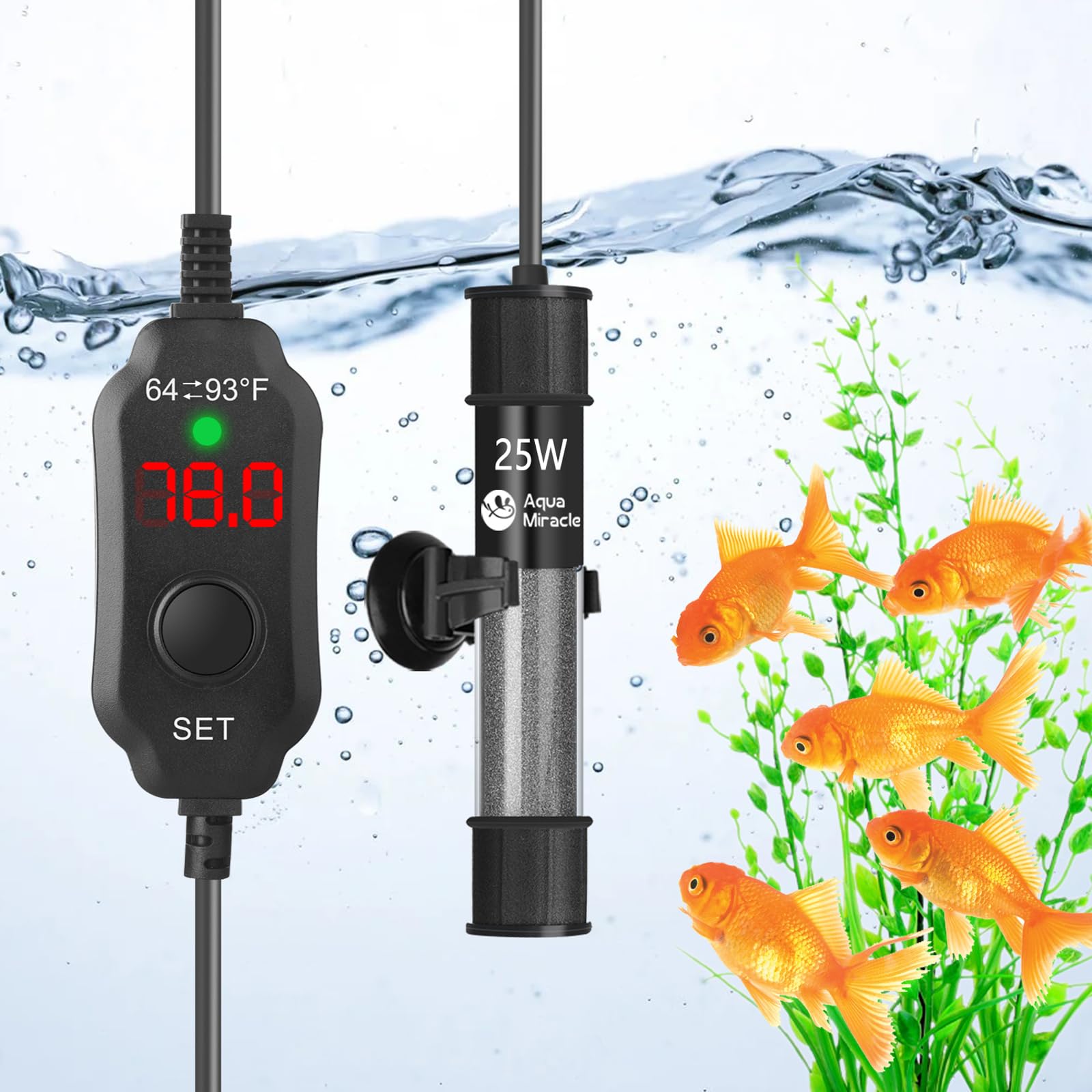 AquaMiracle 25W aquarium heater with compact design for small tanks.