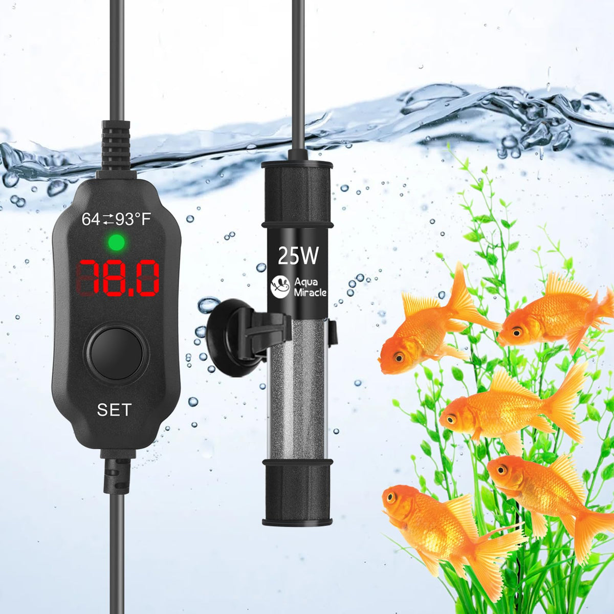 AquaMiracle 25W aquarium heater with compact design for small tanks.