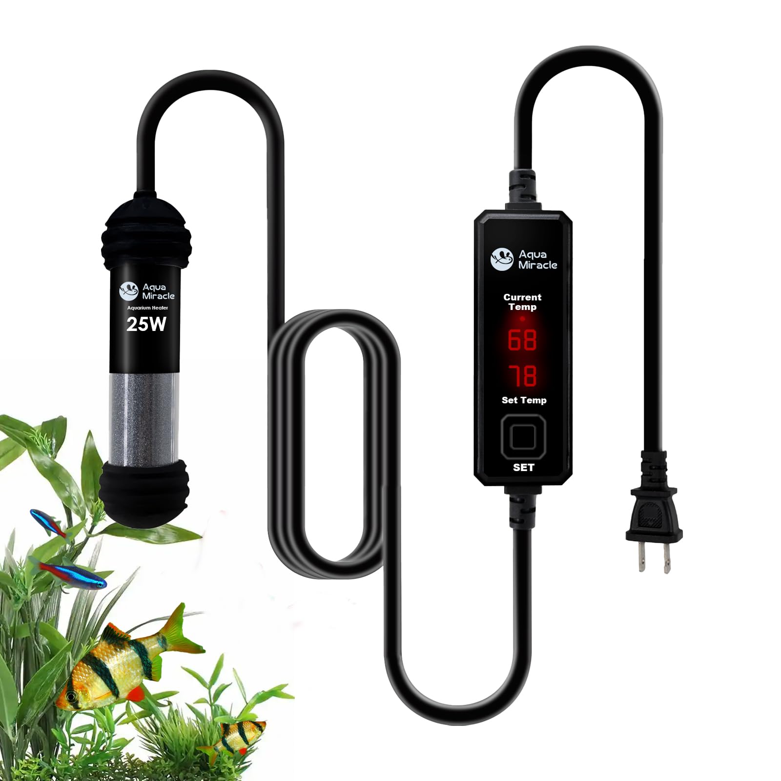 AquaMiracle 25W small heater mounted in a compact tank for 3-5 gallons.