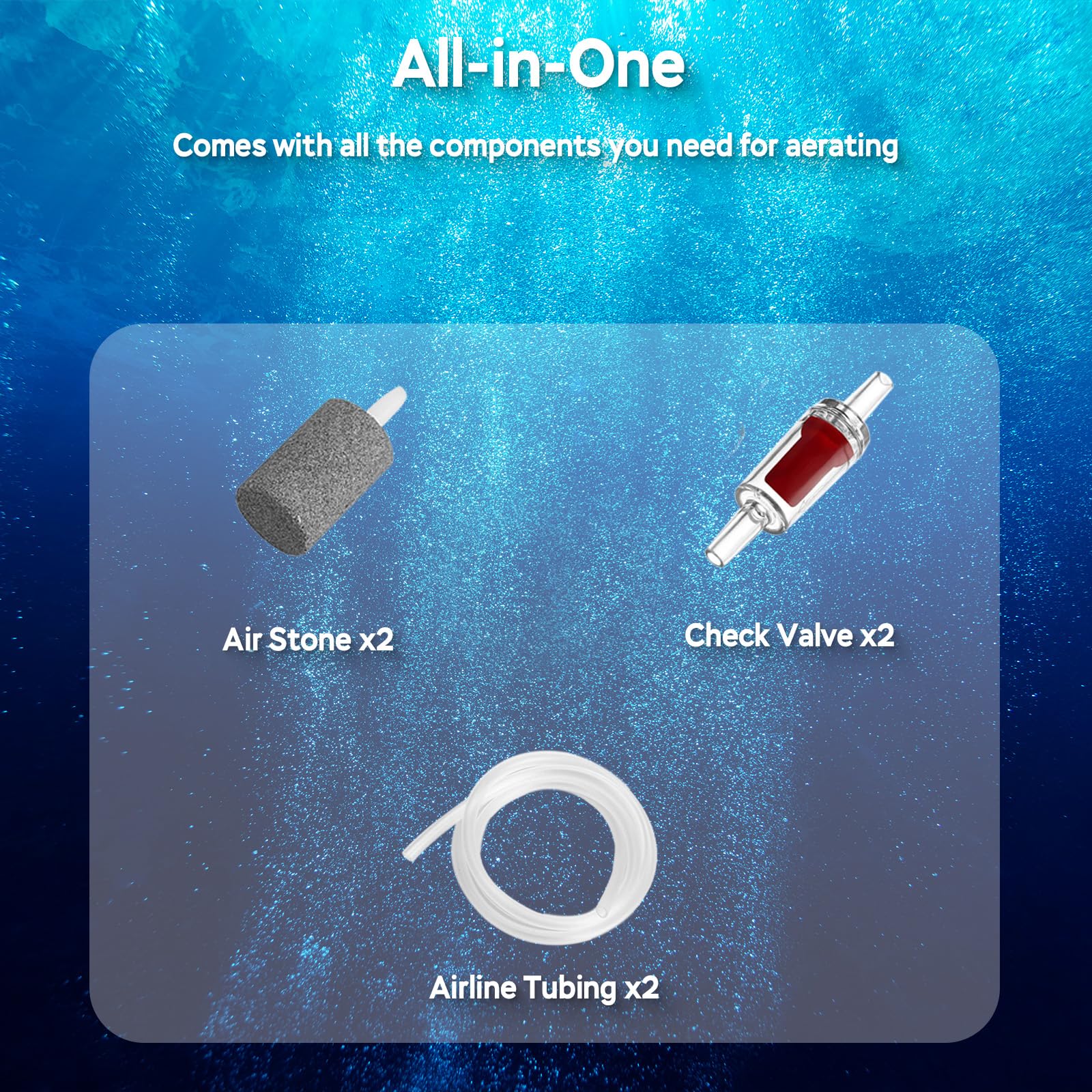 AquaMiracle all-in-one accessories included: tubing, air stone, check valves, and T valve.